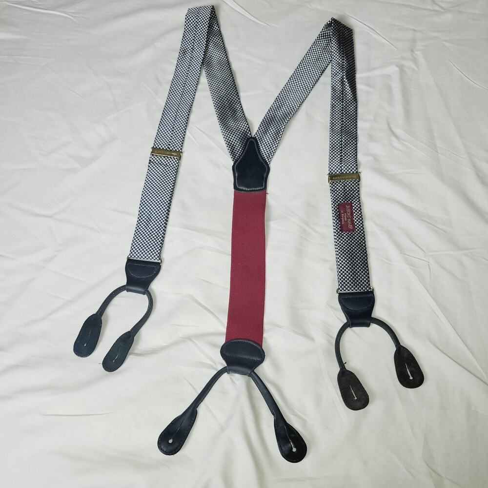 Barrons Hunter Suspenders Mens Black Gray Check Button End Leather Y-Back USA